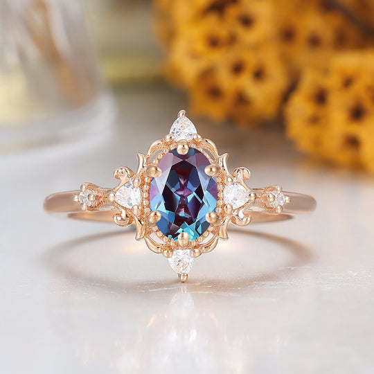 Vintage viktorianischer Cluster-Verlobungsring mit Farbwechsel-Alexandrit, 14 Karat Roségold, Damenring
