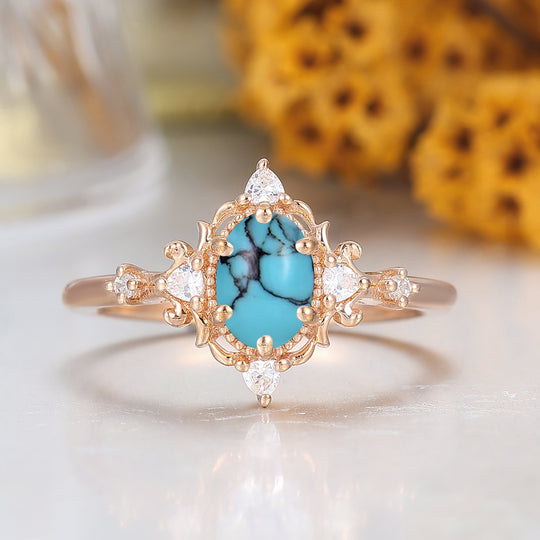 Antique 1CT Oval Cut Turquoise Engagement Ring Solid Gold Bridal Anniversary Ring