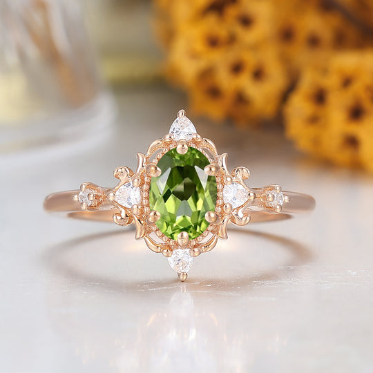 Baroque-inspired Oval Shape Peridot Cluster Women Ring Wedding Ring