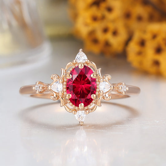 Antique 1CT Oval Cut Ruby Engagement Ring Solid Gold Bridal Anniversary Ring