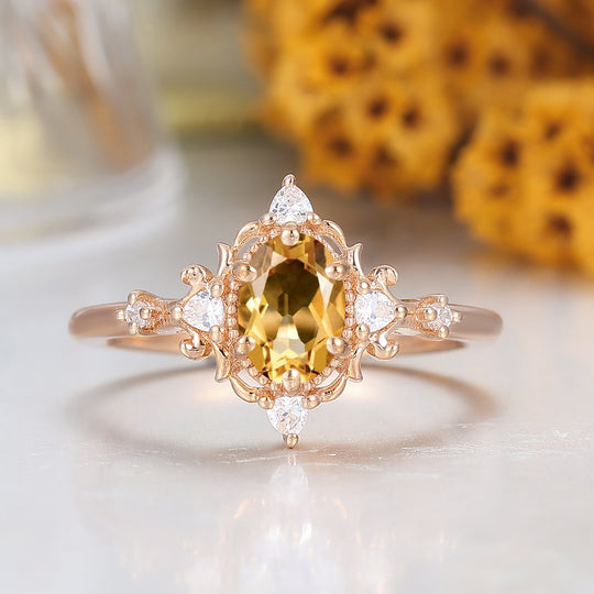 Antique 1CT Oval Cut Citrine Engagement Ring Solid Gold Bridal Anniversary Ring