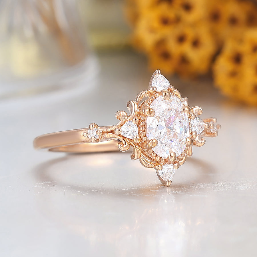 Vintage Floral Moissanite Engagement Ring Rose Gold Oval Cut Cluster Moissanite Wedding Ring