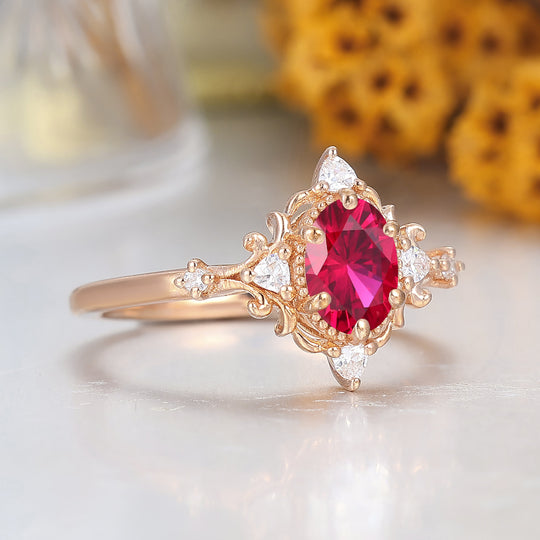 Antique 1CT Oval Cut Ruby Engagement Ring Solid Gold Bridal Anniversary Ring