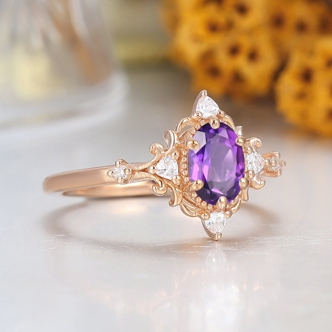 Vintage Filigreed Natural Amethyst Engagement Ring 14K Rose Gold Women Ring