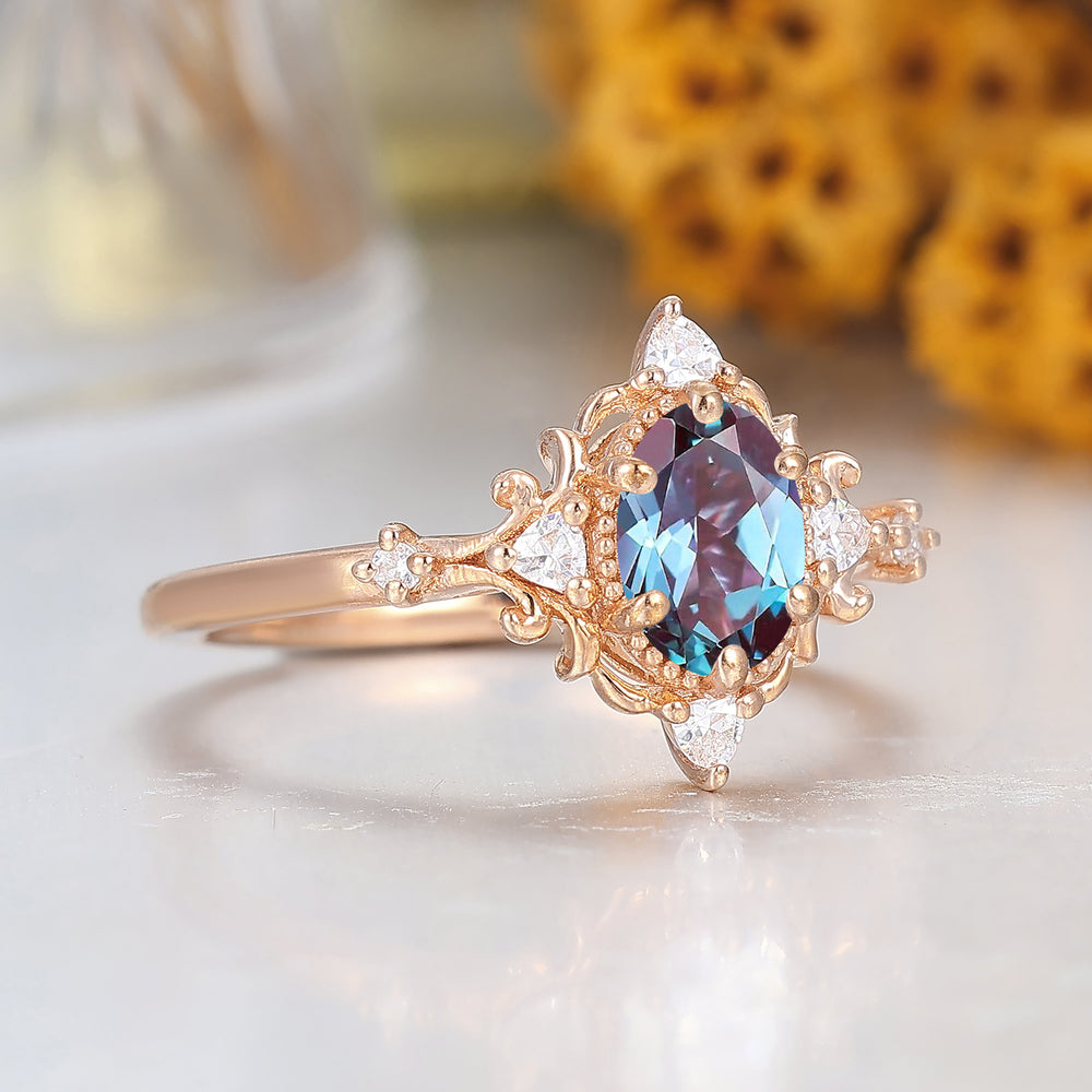 Vintage Victorian Cluster Color Change Alexandrite Engagement Ring 14K Rose Gold Women Ring