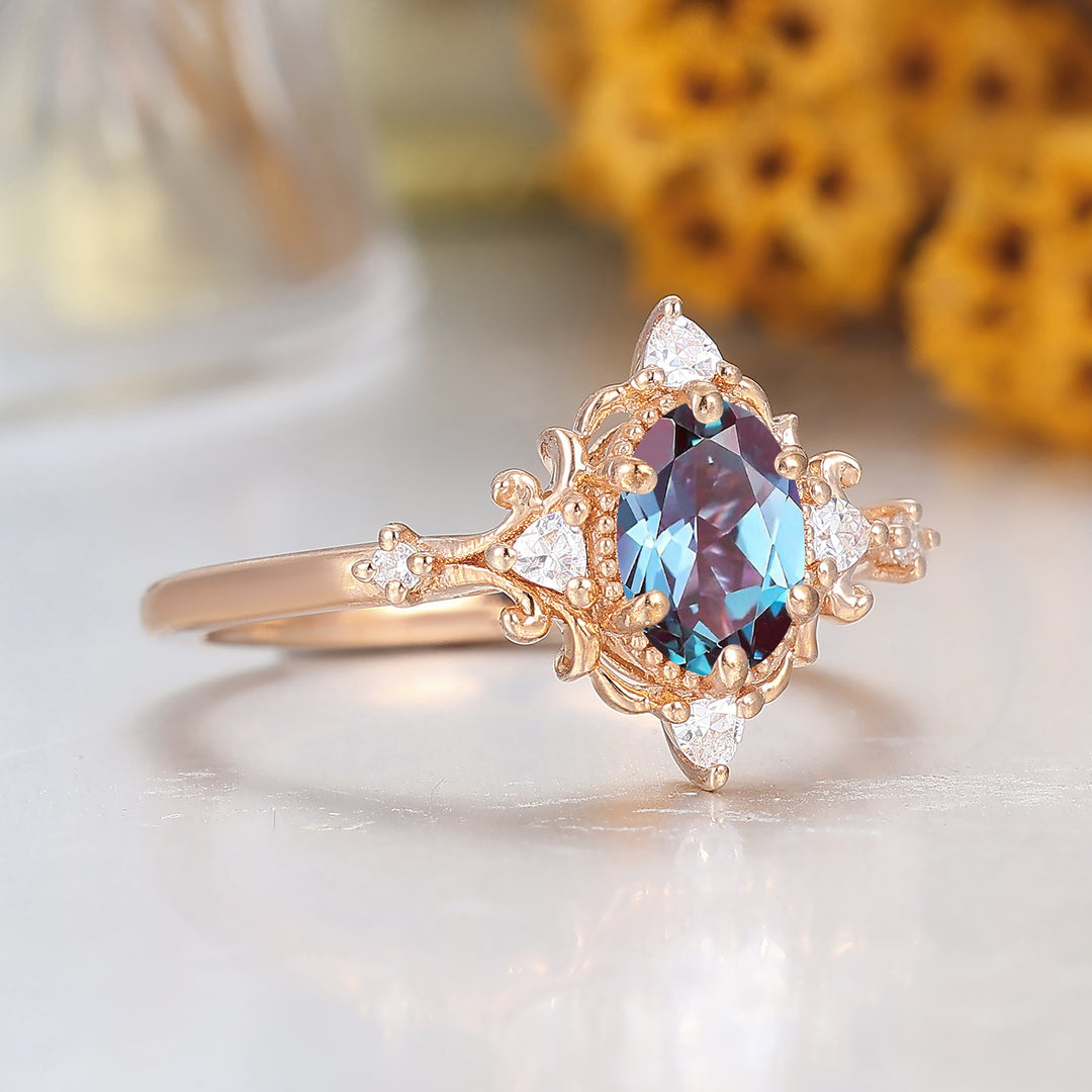 Vintage viktorianischer Cluster-Verlobungsring mit Farbwechsel-Alexandrit, 14 Karat Roségold, Damenring