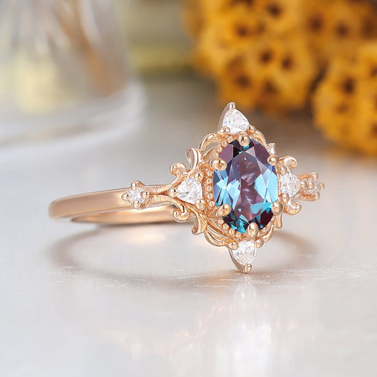 Vintage viktorianischer Cluster-Verlobungsring mit Farbwechsel-Alexandrit, 14 Karat Roségold, Damenring