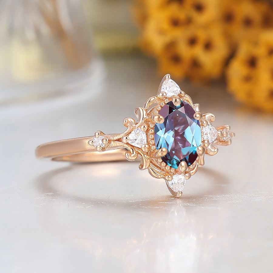 Vintage Victorian Cluster Color Change Alexandrite Engagement Ring 14K Rose Gold Women Ring