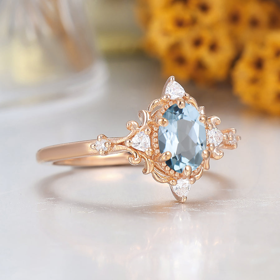 Antique Floral Oval Cut Aquamarine Engagement Ring 14K Rose Gold Wedding Ring