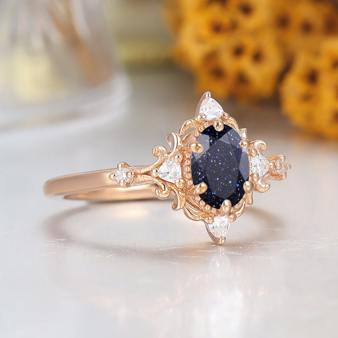 Vintage Inspired Oval Cut Blue Sandstone Cluster Engagement Ring Handmade Wedding Ring