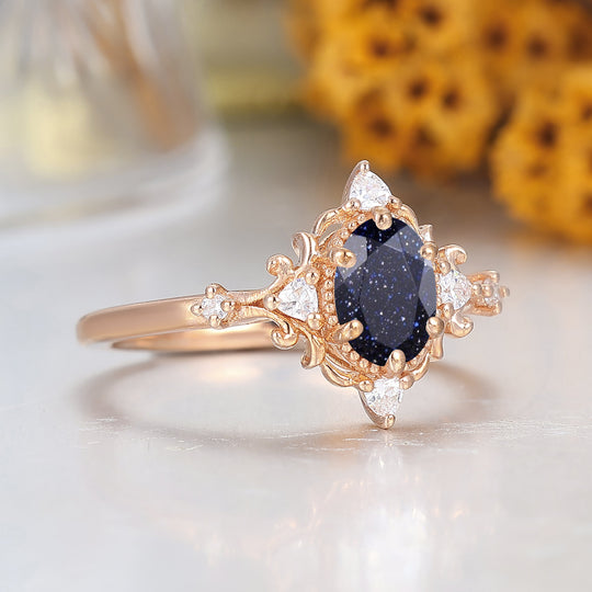 Vintage Inspired Oval Cut Blue Sandstone Cluster Engagement Ring Handmade Wedding Ring