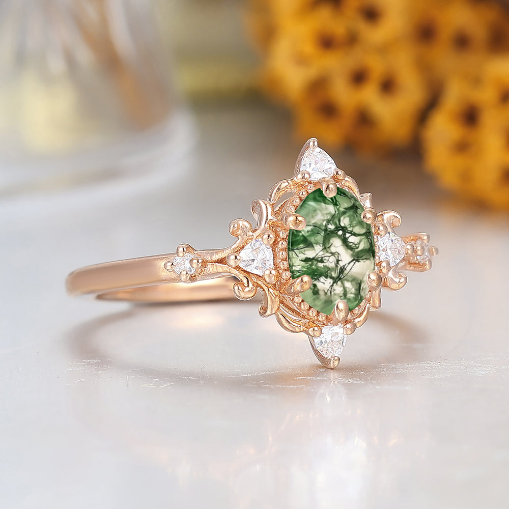 Vintage Oval Shape Natural Moss Agate Engagement Ring Unique Filigreed Wedding Ring