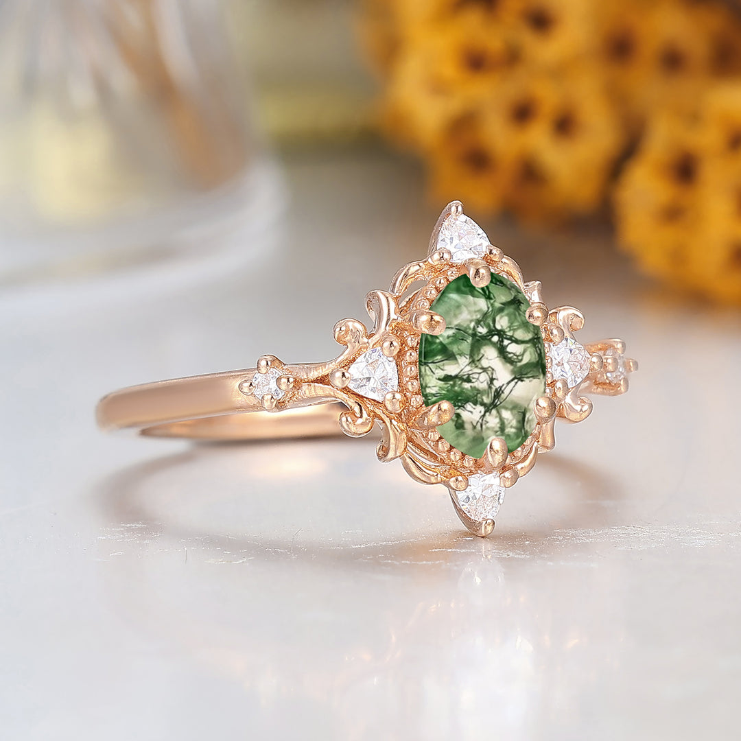 Vintage Oval Shape Natural Moss Agate Engagement Ring Unique Filigreed Wedding Ring