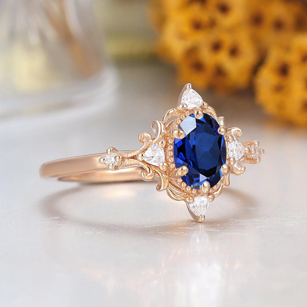 Baroque-inspired 1CT Oval Shape Sapphire Engagement Ring 14K Rose Gold Wedding Ring