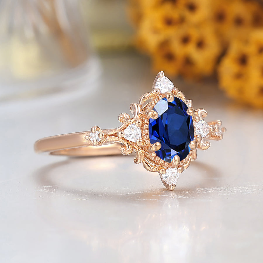Baroque-inspired 1CT Oval Shape Sapphire Engagement Ring 14K Rose Gold Wedding Ring