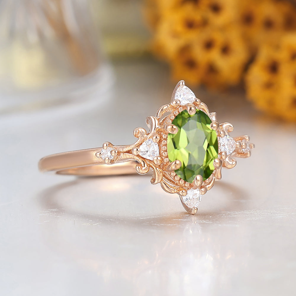 Baroque-inspired Oval Shape Peridot Cluster Women Ring Wedding Ring