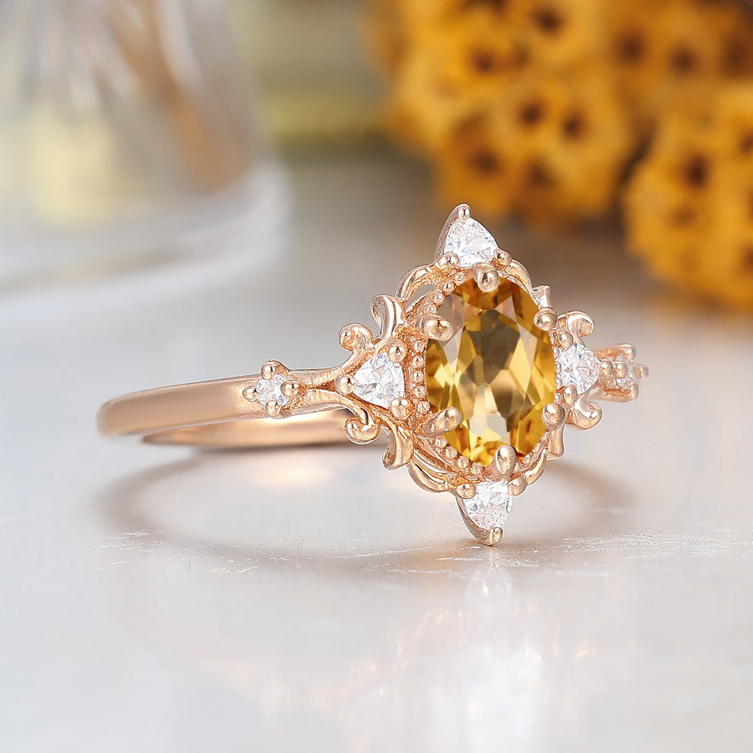 Antique 1CT Oval Cut Citrine Engagement Ring Solid Gold Bridal Anniversary Ring