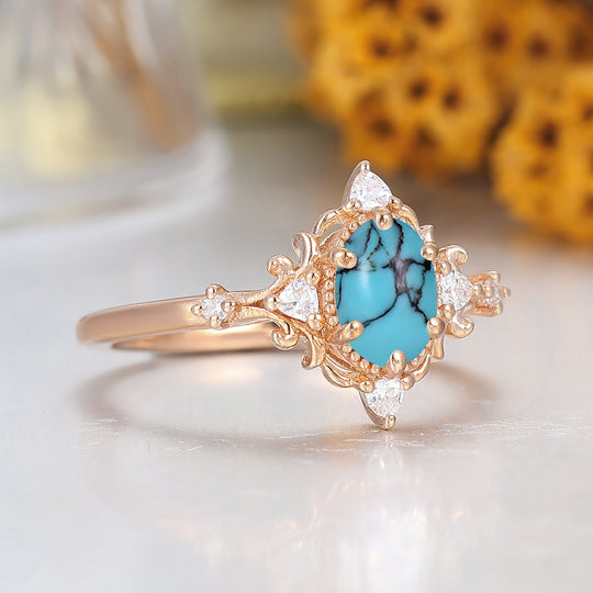 Antique 1CT Oval Cut Turquoise Engagement Ring Solid Gold Bridal Anniversary Ring