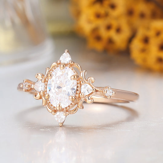 Vintage Floral Moissanite Engagement Ring Rose Gold Oval Cut Cluster Moissanite Wedding Ring