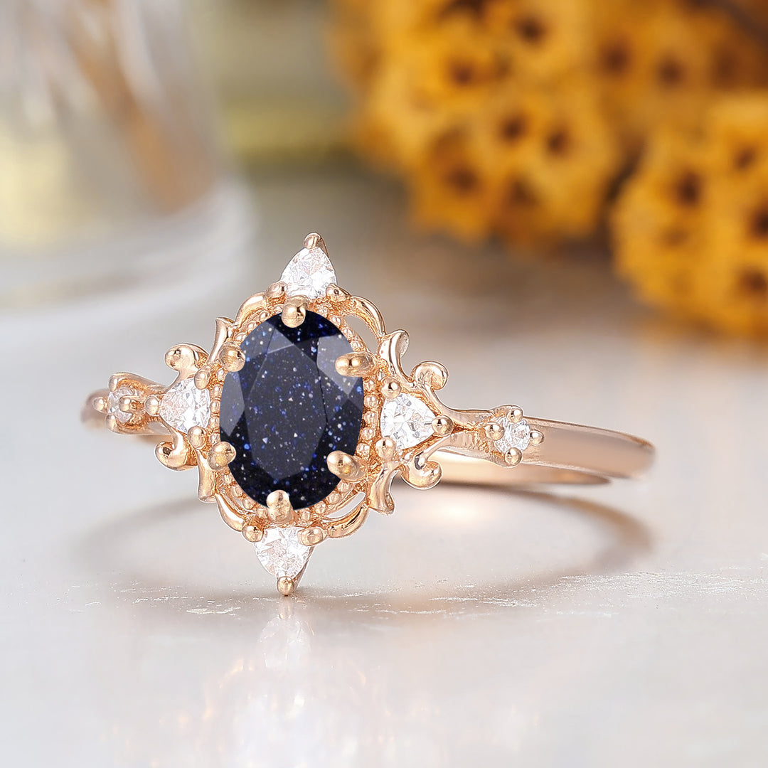 Vintage Inspired Oval Cut Blue Sandstone Cluster Engagement Ring Handmade Wedding Ring