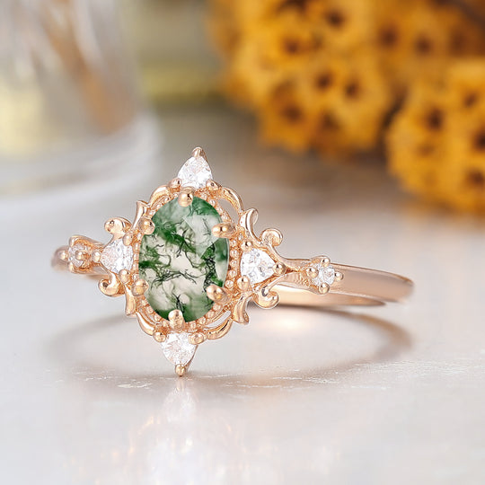 Vintage Oval Shape Natural Moss Agate Engagement Ring Unique Filigreed Wedding Ring