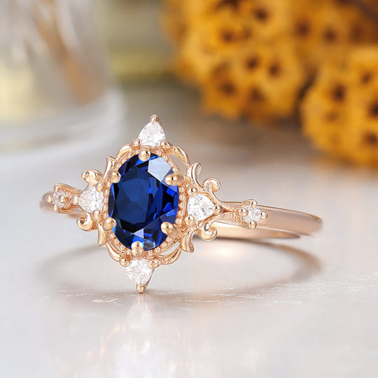 Baroque inspiré Bague de fiançailles saphir forme ovale 1CT Bague de mariage en or rose 14K