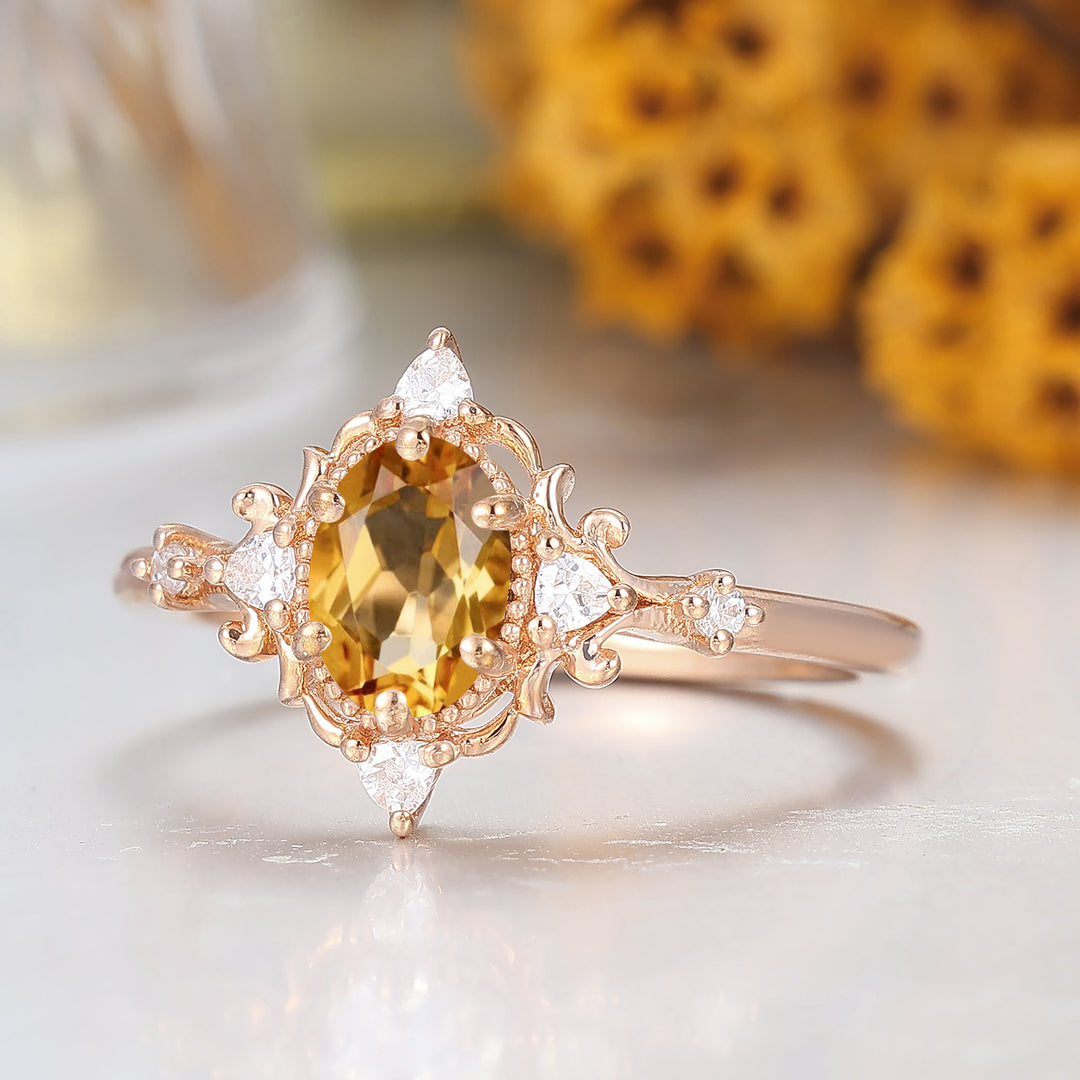 Antique 1CT Oval Cut Citrine Engagement Ring Solid Gold Bridal Anniversary Ring