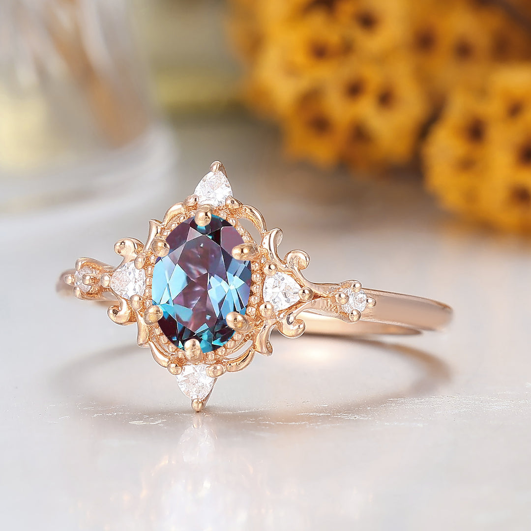 Vintage viktorianischer Cluster-Verlobungsring mit Farbwechsel-Alexandrit, 14 Karat Roségold, Damenring