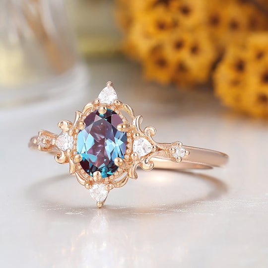 Vintage viktorianischer Cluster-Verlobungsring mit Farbwechsel-Alexandrit, 14 Karat Roségold, Damenring