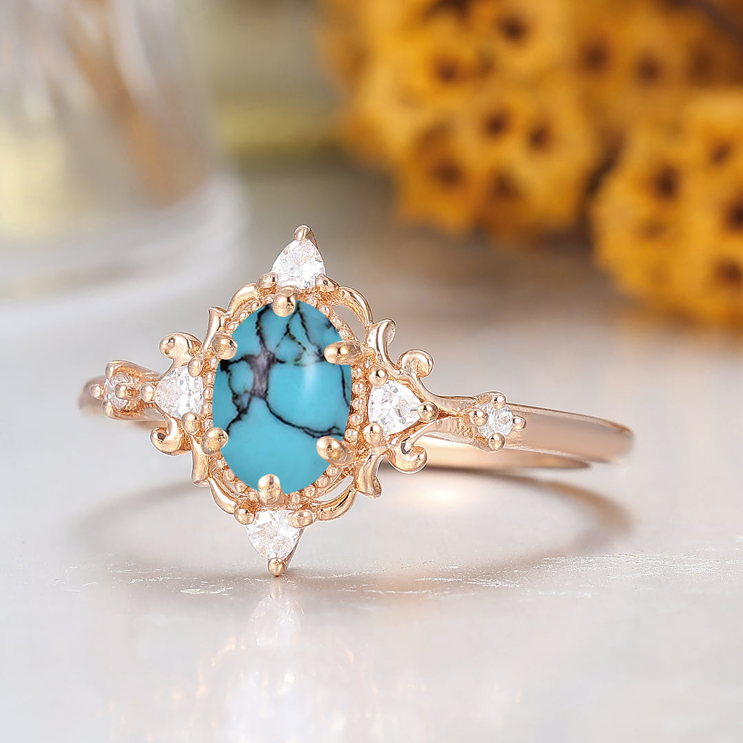 Antique 1CT Oval Cut Turquoise Engagement Ring Solid Gold Bridal Anniversary Ring