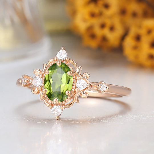 Baroque-inspired Oval Shape Peridot Cluster Women Ring Wedding Ring