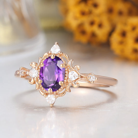Vintage Filigreed Natural Amethyst Engagement Ring 14K Rose Gold Women Ring