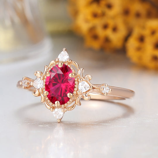 Antique 1CT Oval Cut Ruby Engagement Ring Solid Gold Bridal Anniversary Ring