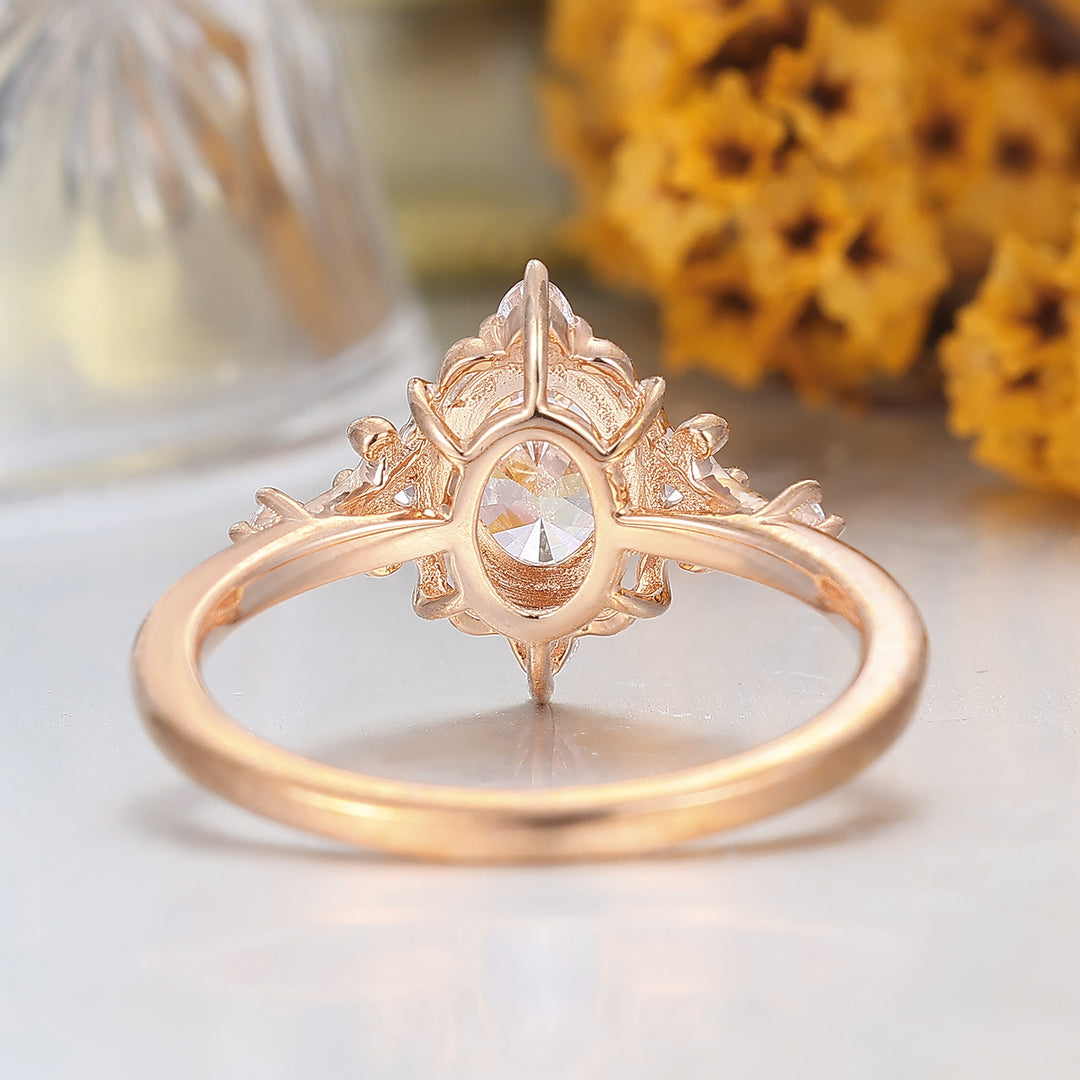 Vintage Floral Moissanite Engagement Ring Rose Gold Oval Cut Cluster Moissanite Wedding Ring