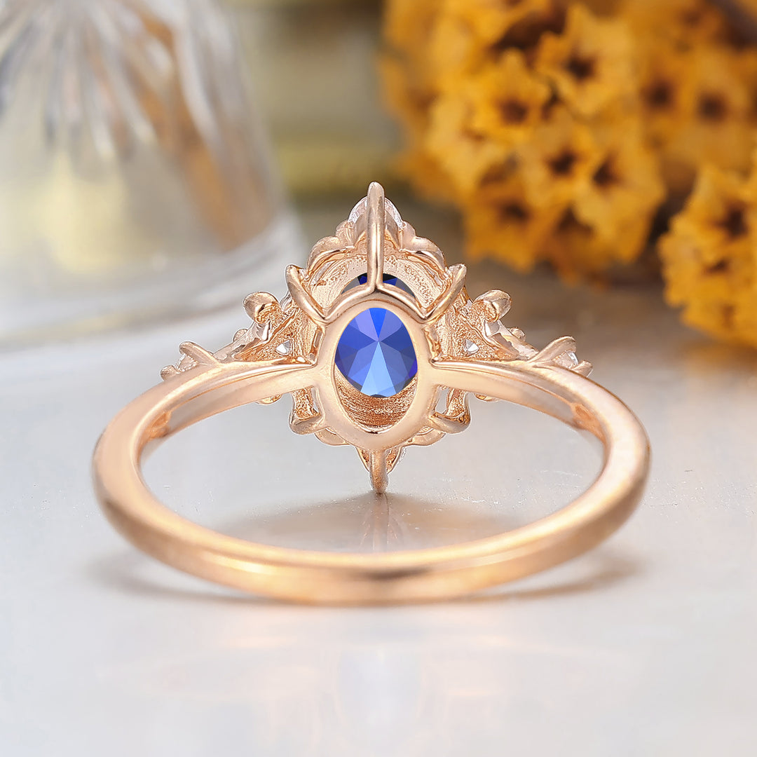 Baroque inspiré Bague de fiançailles saphir forme ovale 1CT Bague de mariage en or rose 14K