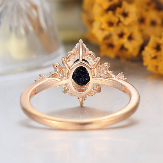 Vintage Inspired Oval Cut Blue Sandstone Cluster Engagement Ring Handmade Wedding Ring