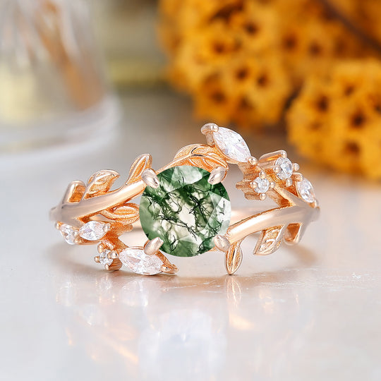 14k Rose Gold Moss Agate  round cut nature inspired Leaf Vine Bypass ring