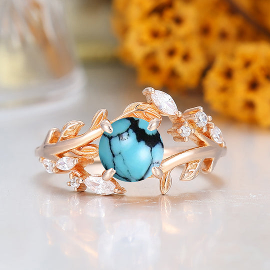 Leaf Inspired Round Cut Turquoise Engagement Ring Solid Rose Gold Anniversary Ring For Women