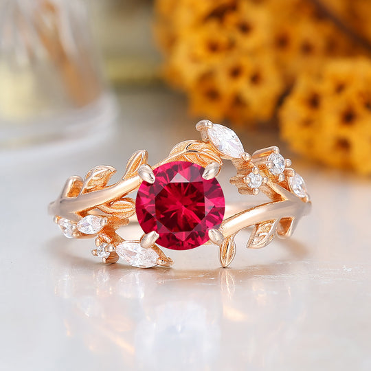 Leaf Inspired Round Cut Ruby Engagement Ring Solid Rose Gold Anniversary Ring For Women