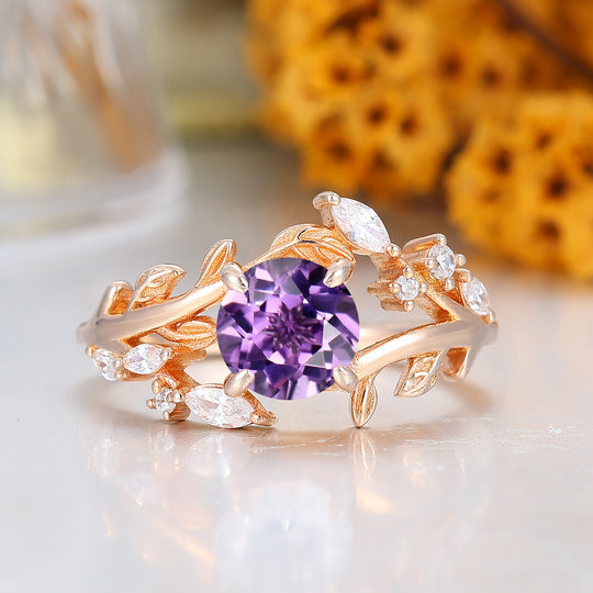 14k Rose Gold Natural Amethyst round cut nature inspired Leaf Vine Bypass ring
