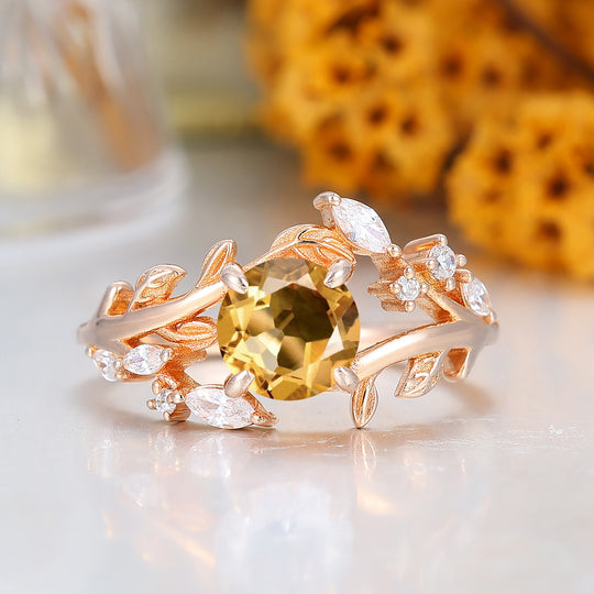 Leaf Inspired Round Cut Citrine Engagement Ring Solid Rose Gold Anniversary Ring For Women