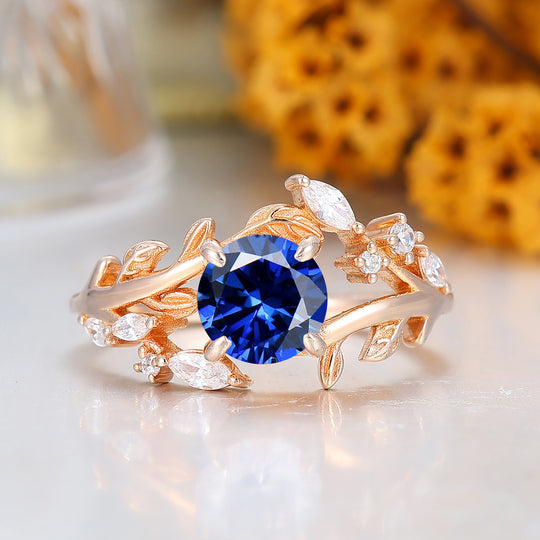 14k Rose Gold Sapphire round cut nature inspired Leaf Vine Bypass ring
