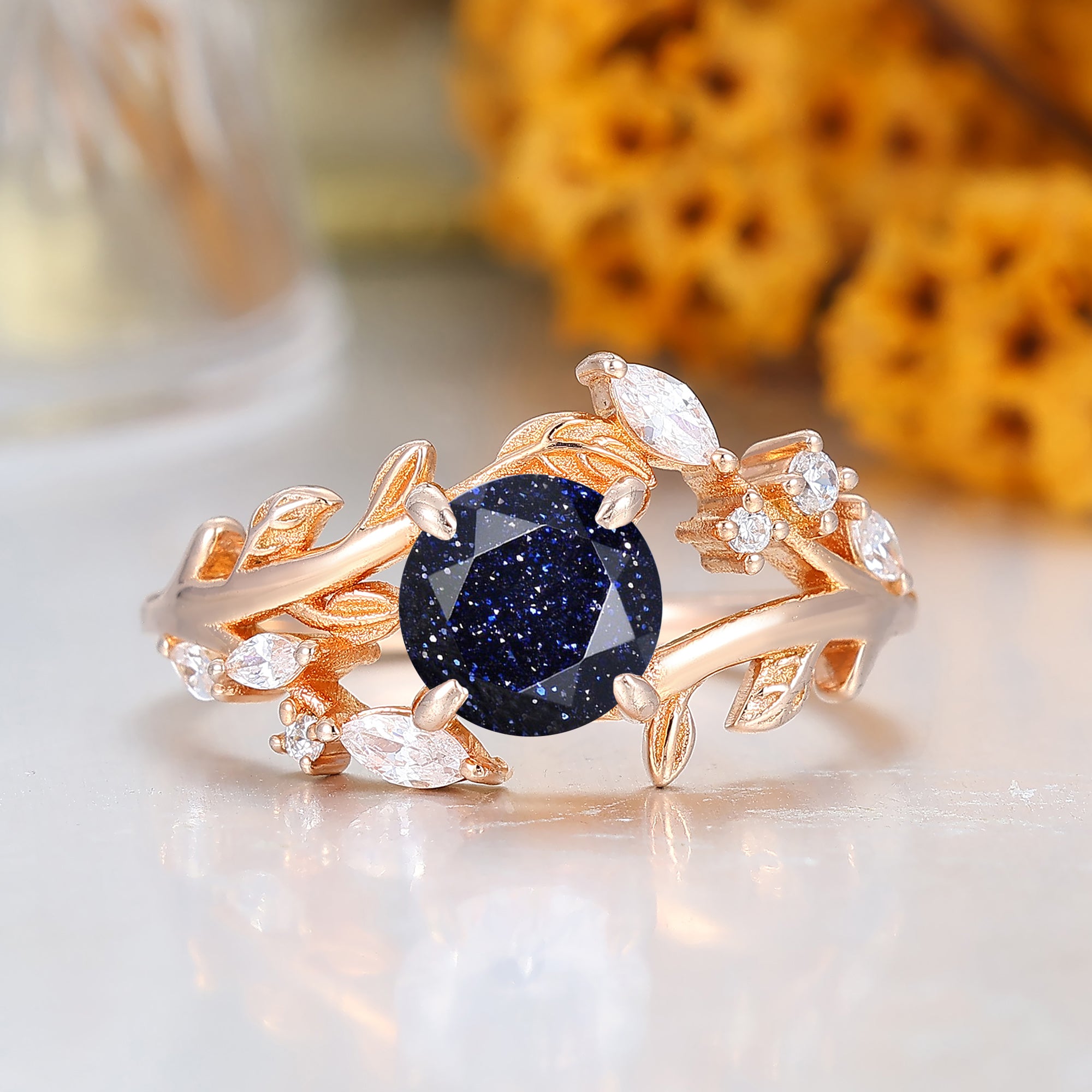 Leaf Inspired Round Cut Blue Sandstone Women Ring 14K Solid Gold