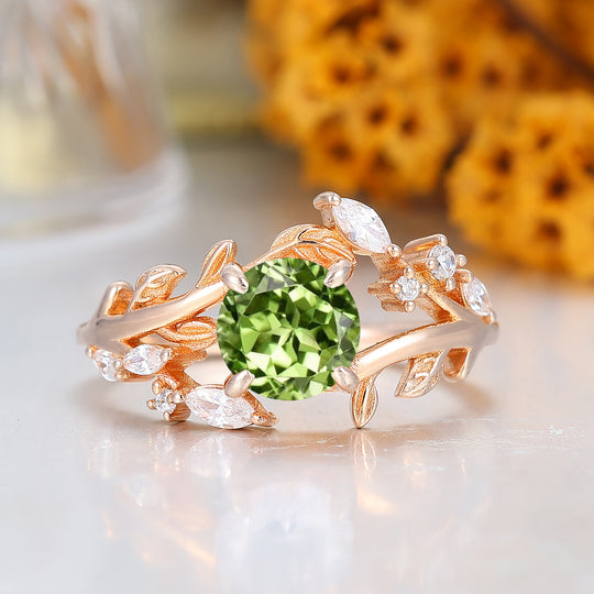 Leaf Vine Style Round Cut Peridot Engagement Ring 14K Rose Gold Anniversary Bridal Ring