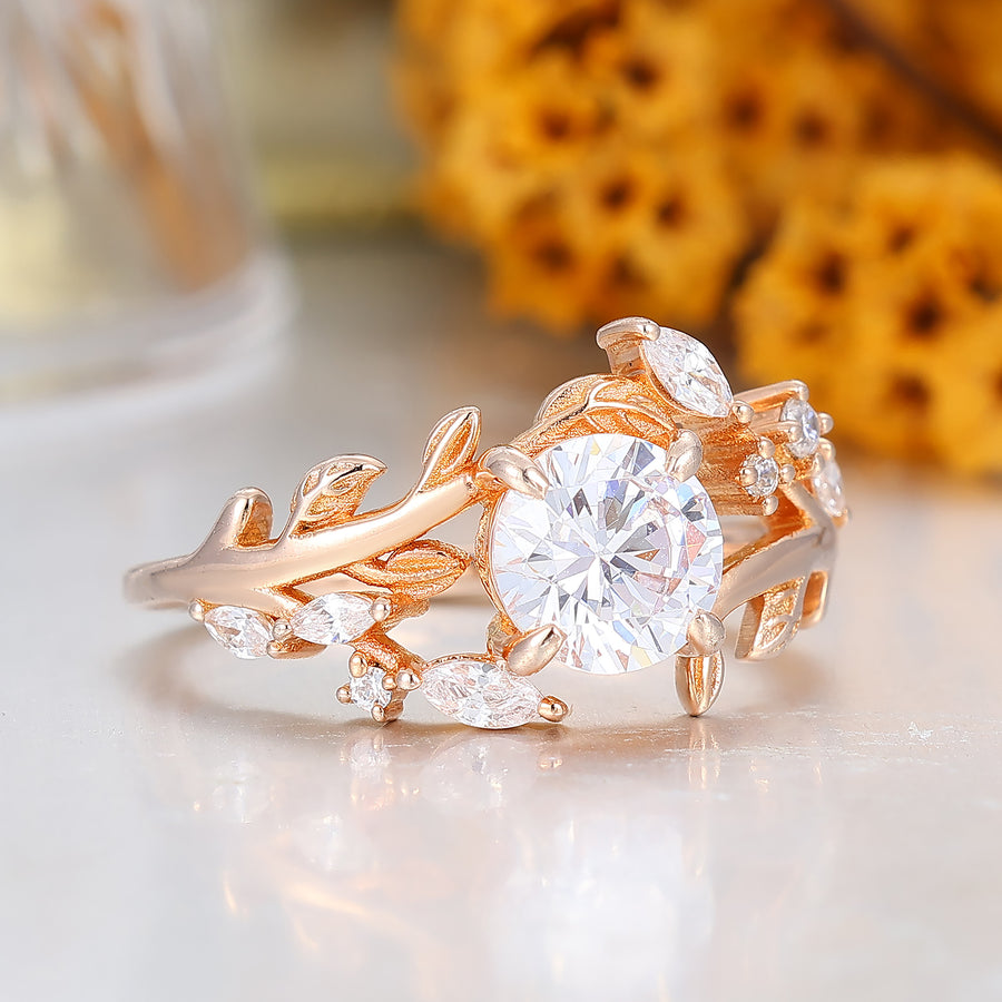 1.25CT Round Cut Moissanite Natrue Inspired Moissanite Bypass Ring Leaf Design