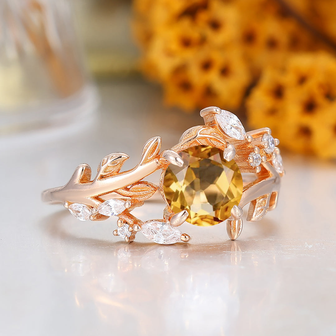 Leaf Inspired Round Cut Citrine Engagement Ring Solid Rose Gold Anniversary Ring For Women