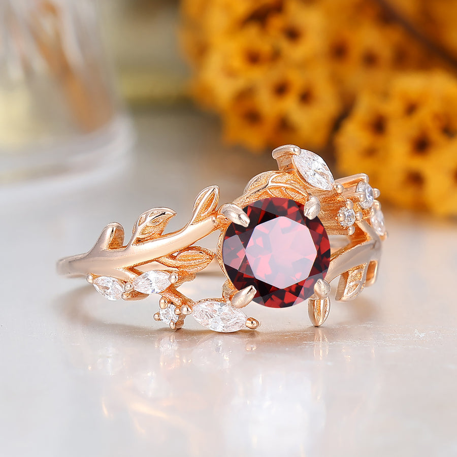 14k Rose Gold Natural Red Garnet round cut nature inspired Leaf Vine Bypass ring