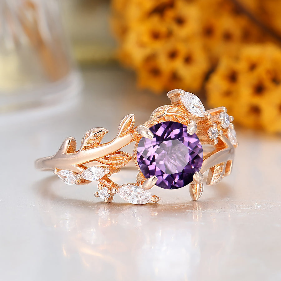 14k Rose Gold Natural Amethyst round cut nature inspired Leaf Vine Bypass ring