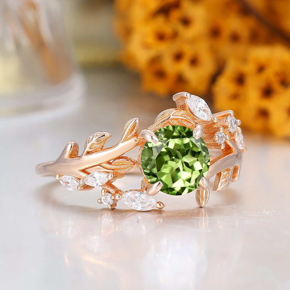 Leaf Vine Style Round Cut Peridot Engagement Ring 14K Rose Gold Anniversary Bridal Ring