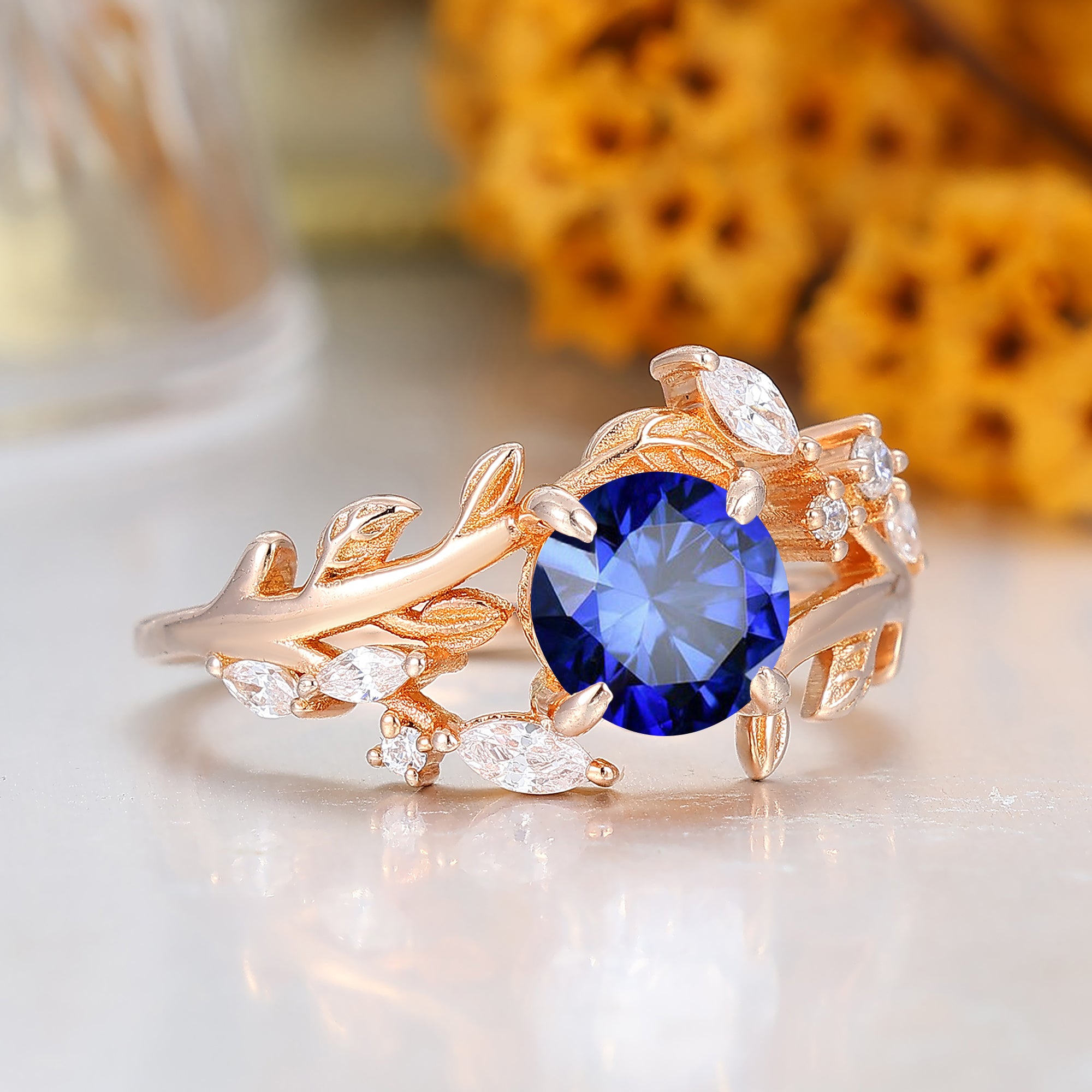 14k Rose Gold Sapphire round cut nature inspired Leaf Vine Bypass